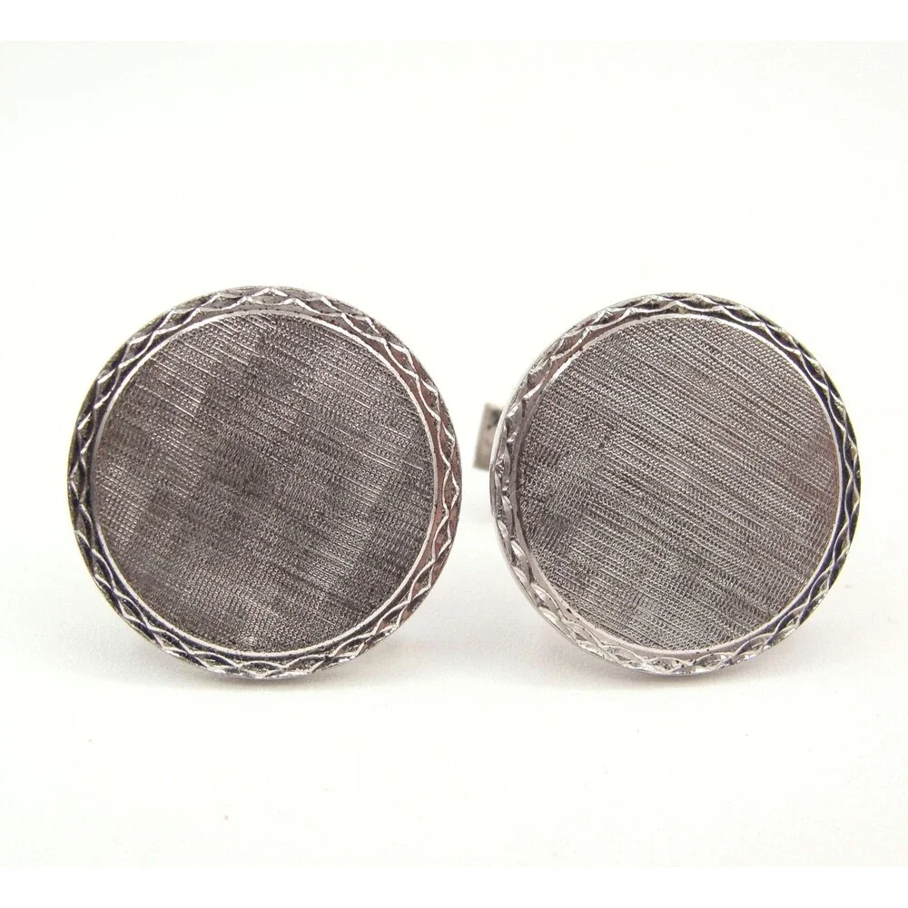 Vintage Sterling Silver Round Cufflinks Brush Textured Face Diamond Cut Edge MCM
